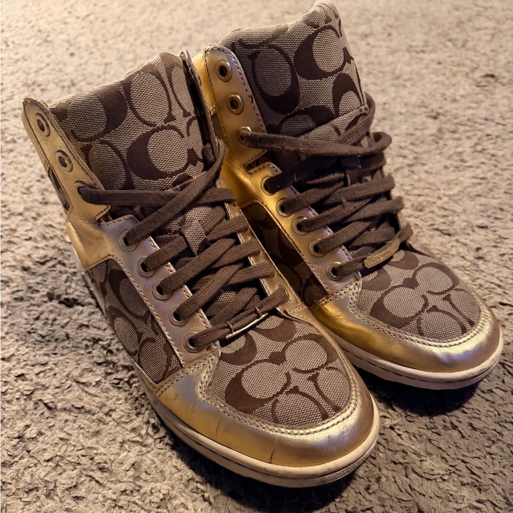 Coach Signature High-Top Sneakers in Brown and Gold Metallic Early 2000s